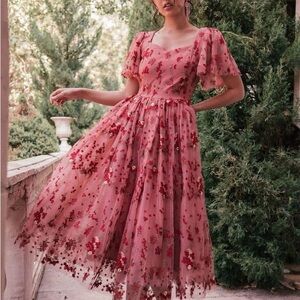JessaKae Pink and Red Floral Midi Dress